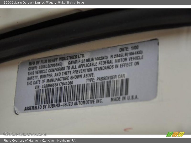 White Birch / Beige 2000 Subaru Outback Limited Wagon