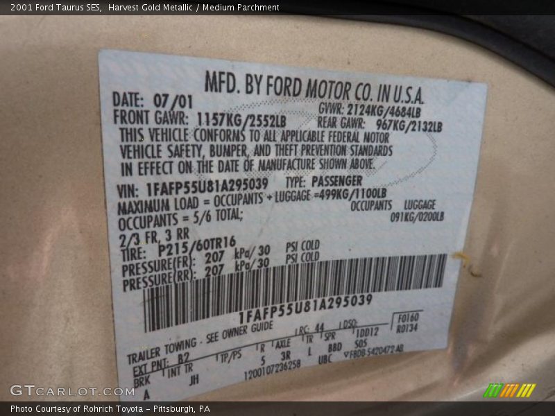Harvest Gold Metallic / Medium Parchment 2001 Ford Taurus SES