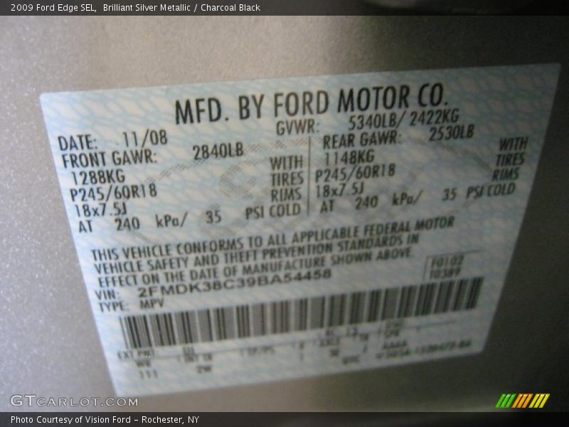 Brilliant Silver Metallic / Charcoal Black 2009 Ford Edge SEL