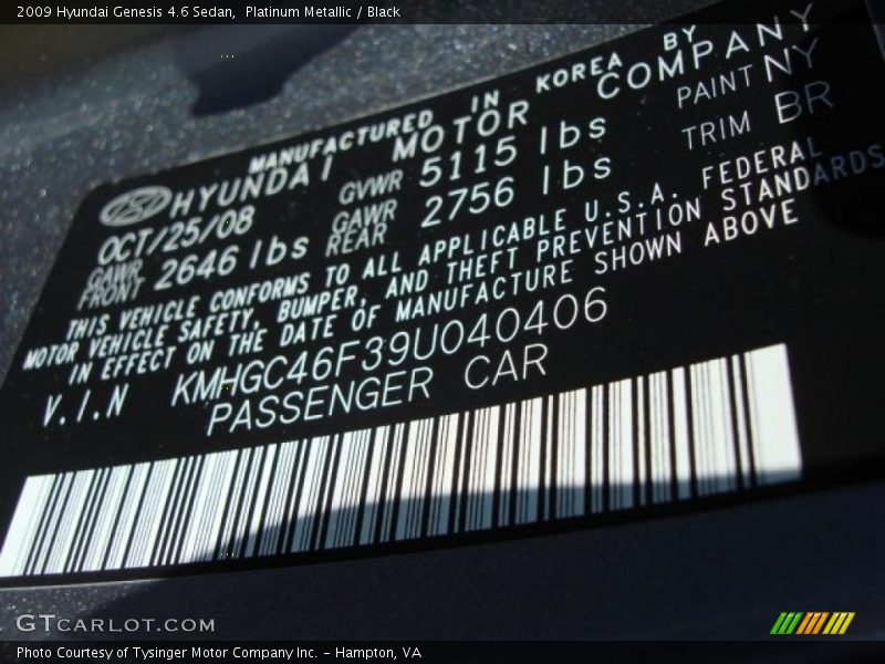 Platinum Metallic / Black 2009 Hyundai Genesis 4.6 Sedan