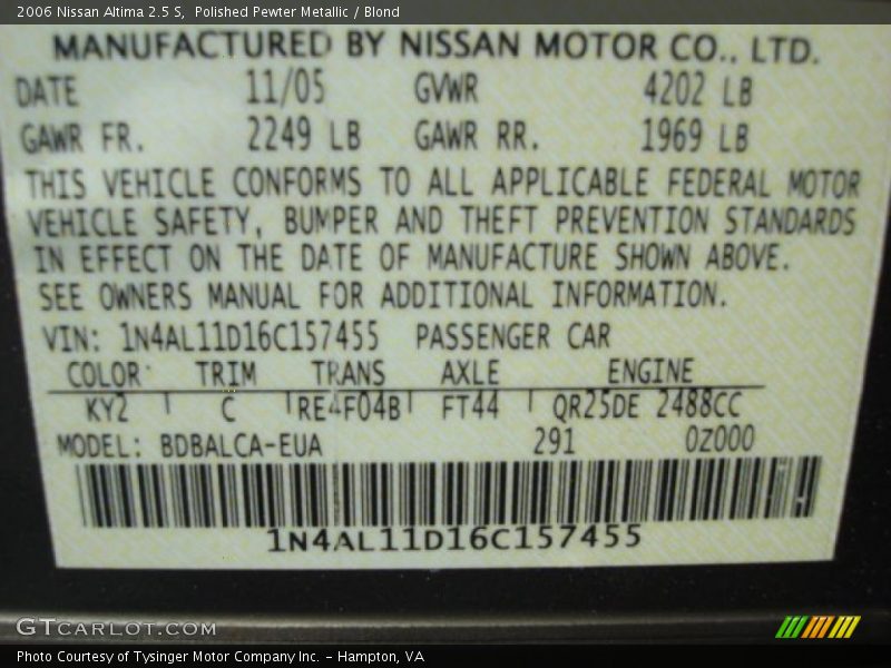 Polished Pewter Metallic / Blond 2006 Nissan Altima 2.5 S