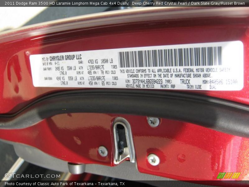 2011 Ram 3500 HD Laramie Longhorn Mega Cab 4x4 Dually Deep Cherry Red Crystal Pearl Color Code PRP