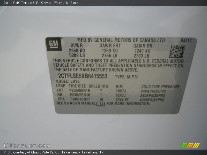 Olympic White / Jet Black 2011 GMC Terrain SLE