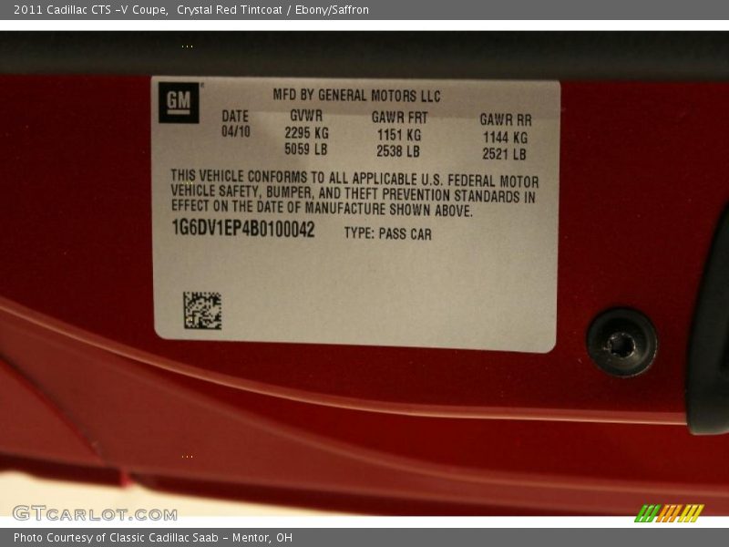 Crystal Red Tintcoat / Ebony/Saffron 2011 Cadillac CTS -V Coupe