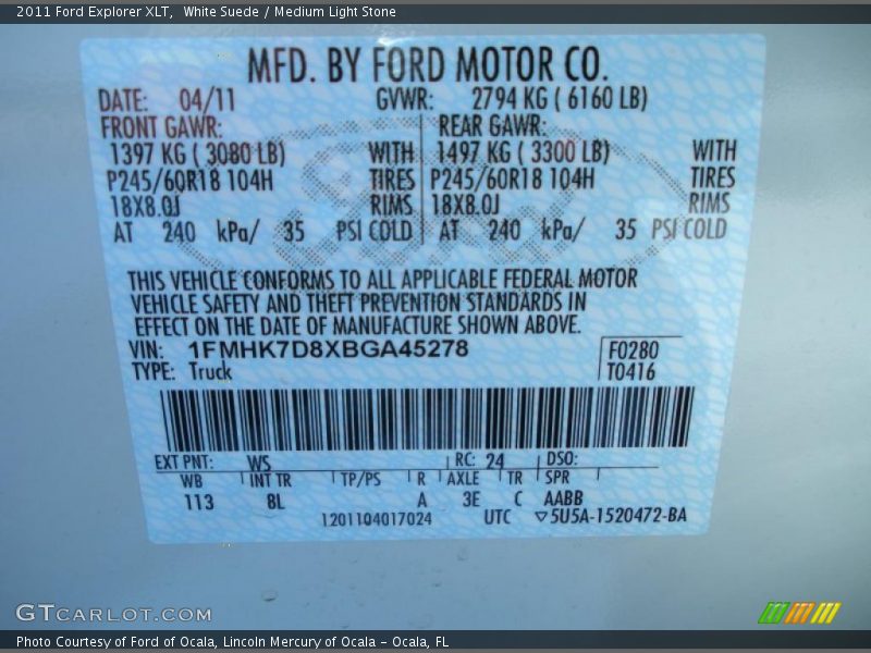 2011 Explorer XLT White Suede Color Code WS