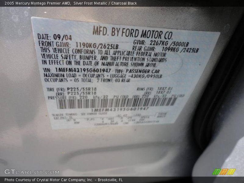Silver Frost Metallic / Charcoal Black 2005 Mercury Montego Premier AWD