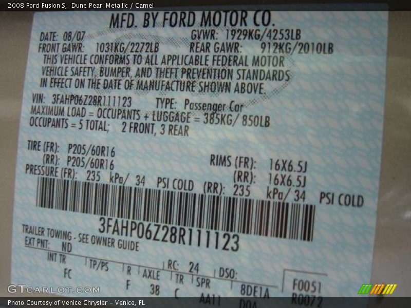 Dune Pearl Metallic / Camel 2008 Ford Fusion S