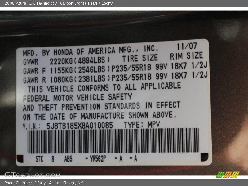 Carbon Bronze Pearl / Ebony 2008 Acura RDX Technology