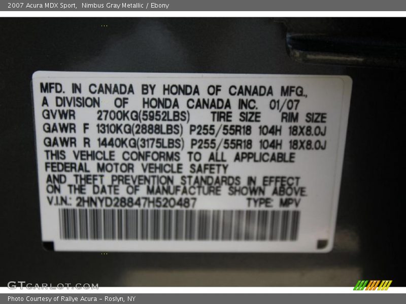 Nimbus Gray Metallic / Ebony 2007 Acura MDX Sport
