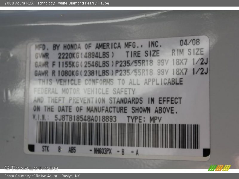 White Diamond Pearl / Taupe 2008 Acura RDX Technology