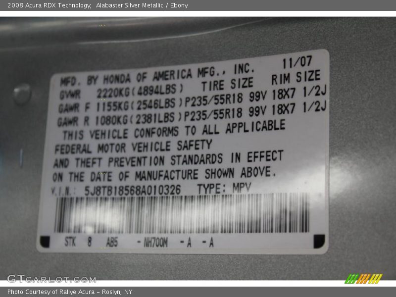 Alabaster Silver Metallic / Ebony 2008 Acura RDX Technology