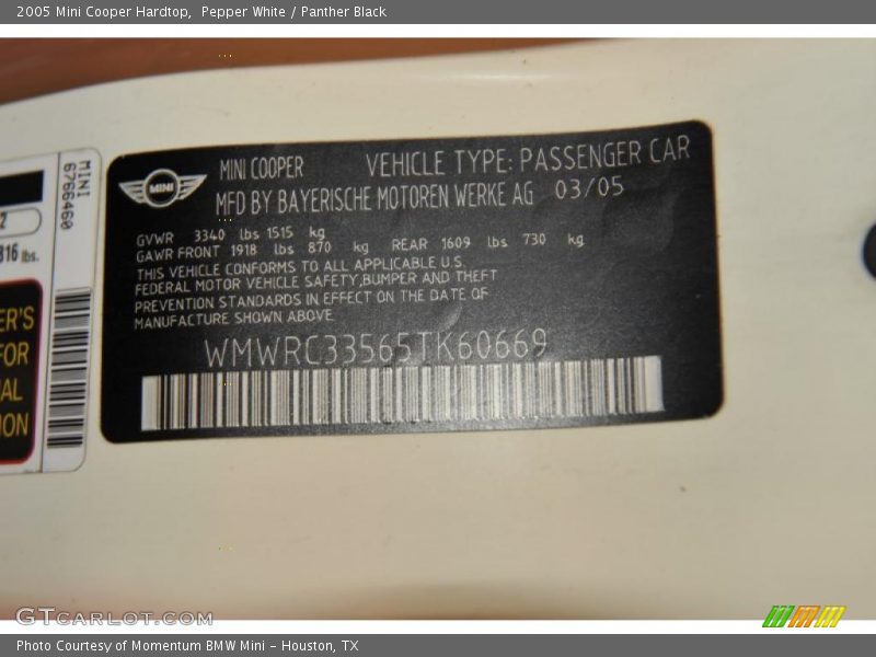 Pepper White / Panther Black 2005 Mini Cooper Hardtop
