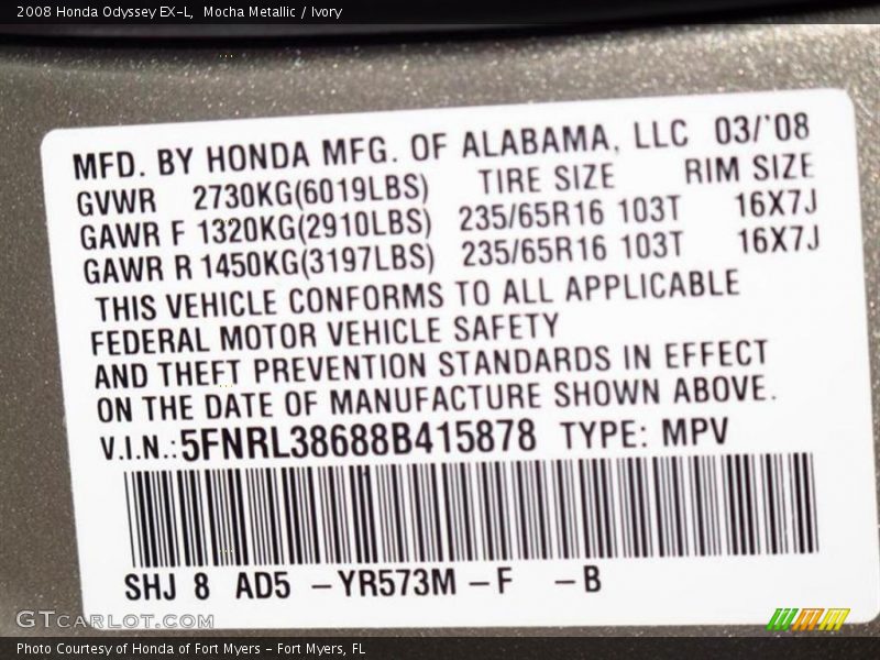 Mocha Metallic / Ivory 2008 Honda Odyssey EX-L