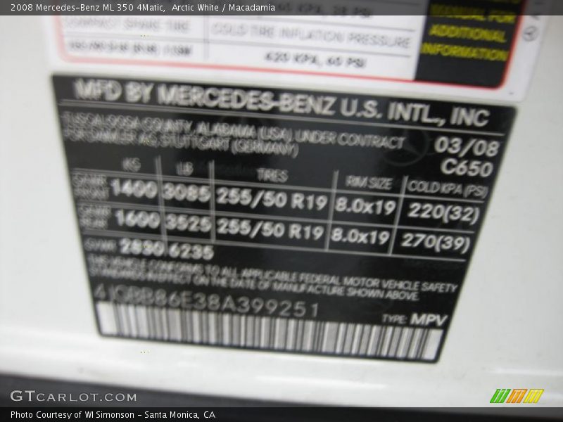 Arctic White / Macadamia 2008 Mercedes-Benz ML 350 4Matic