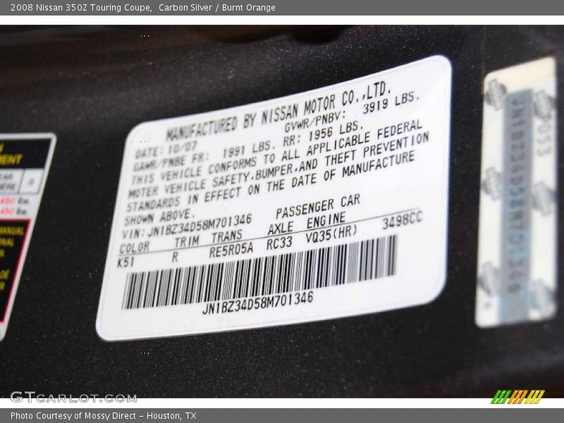 Carbon Silver / Burnt Orange 2008 Nissan 350Z Touring Coupe