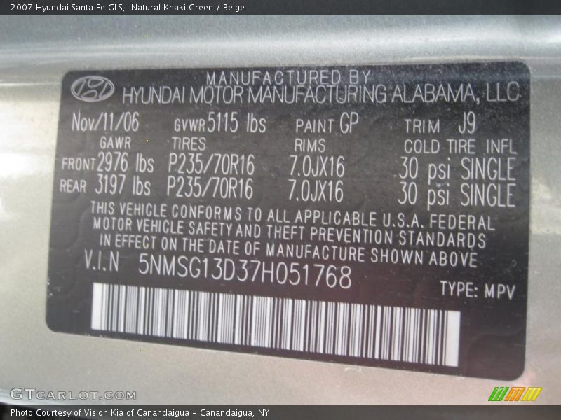 Natural Khaki Green / Beige 2007 Hyundai Santa Fe GLS