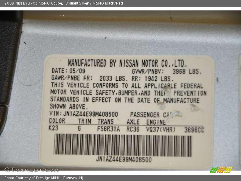 2009 370Z NISMO Coupe Brilliant Silver Color Code K23
