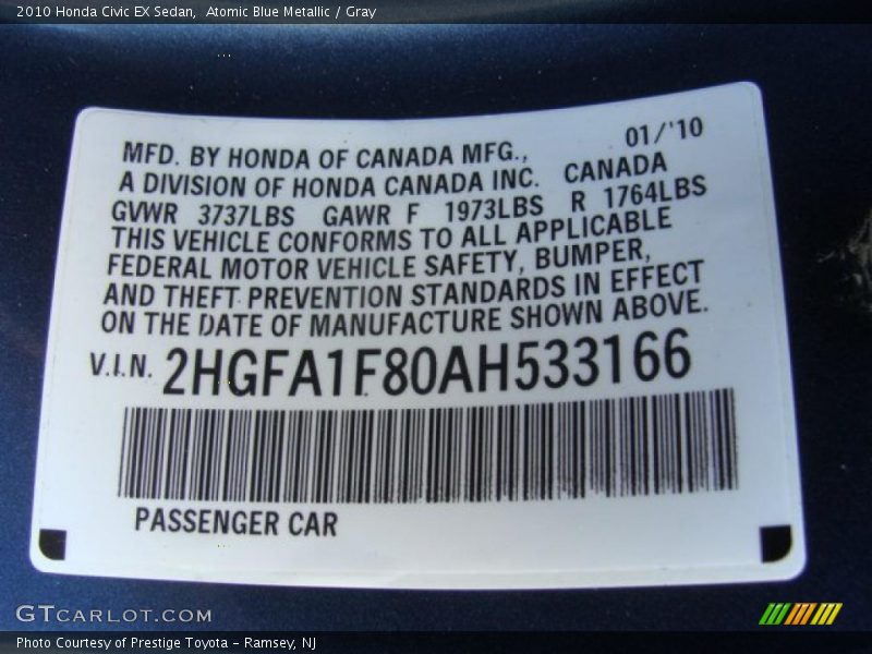 Atomic Blue Metallic / Gray 2010 Honda Civic EX Sedan