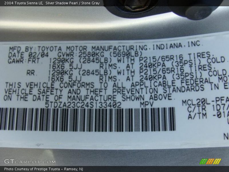 Silver Shadow Pearl / Stone Gray 2004 Toyota Sienna LE