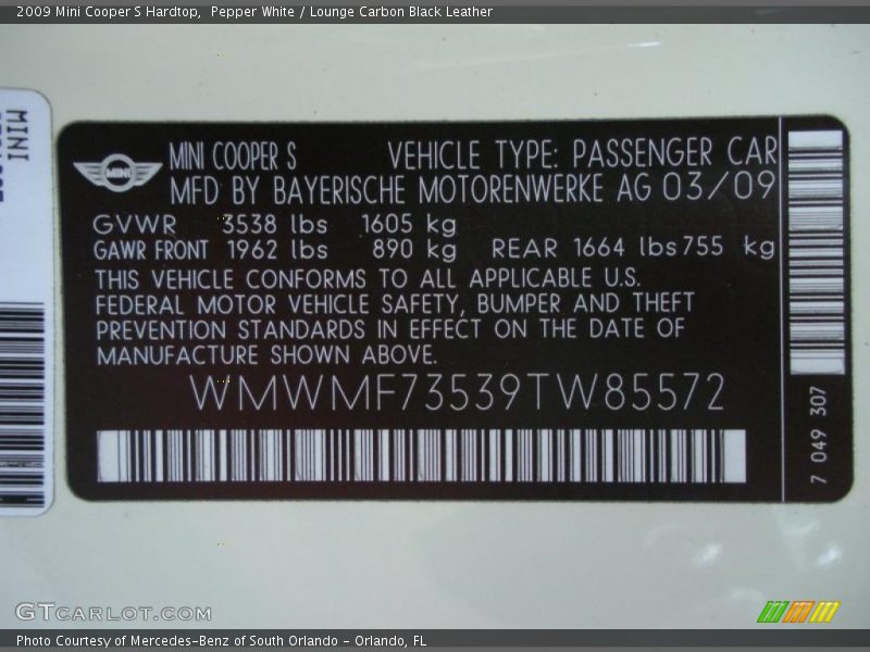 Pepper White / Lounge Carbon Black Leather 2009 Mini Cooper S Hardtop