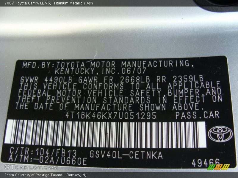 Titanium Metallic / Ash 2007 Toyota Camry LE V6
