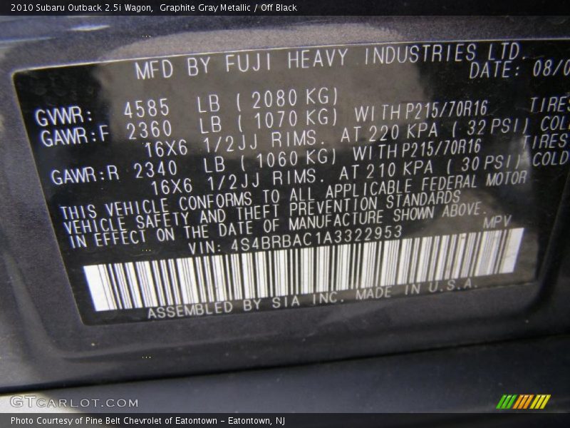 Graphite Gray Metallic / Off Black 2010 Subaru Outback 2.5i Wagon