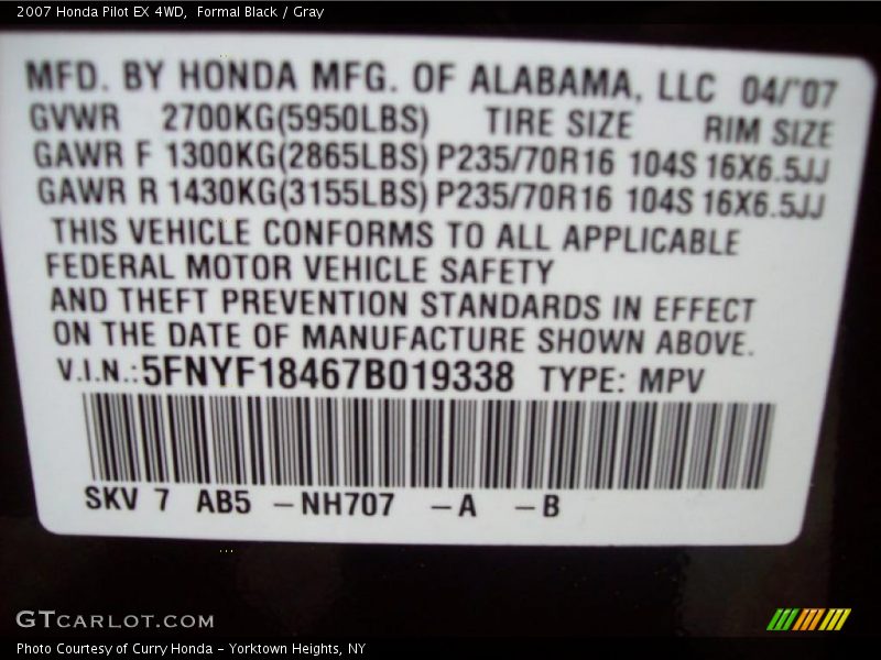 Formal Black / Gray 2007 Honda Pilot EX 4WD