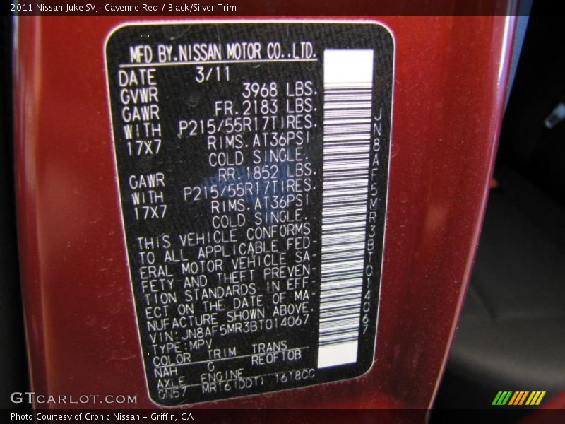 Cayenne Red / Black/Silver Trim 2011 Nissan Juke SV