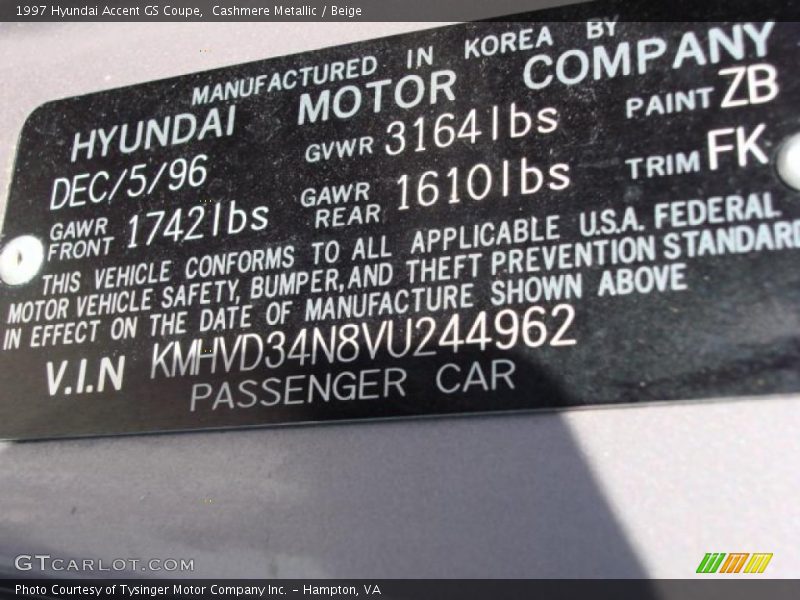 Cashmere Metallic / Beige 1997 Hyundai Accent GS Coupe