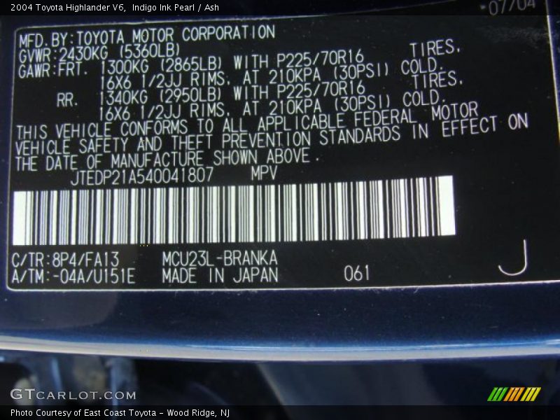 Indigo Ink Pearl / Ash 2004 Toyota Highlander V6