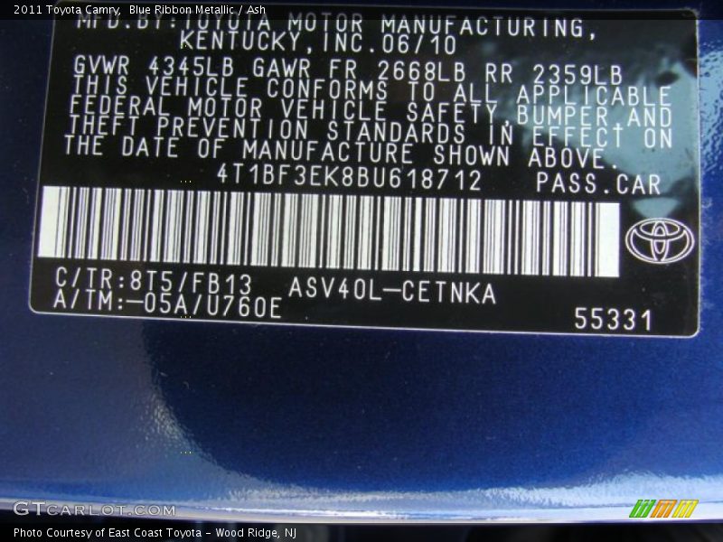 Blue Ribbon Metallic / Ash 2011 Toyota Camry