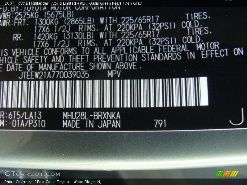 Oasis Green Pearl / Ash Gray 2007 Toyota Highlander Hybrid Limited 4WD