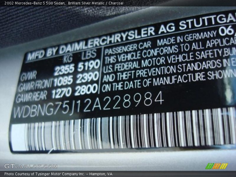 Brilliant Silver Metallic / Charcoal 2002 Mercedes-Benz S 500 Sedan