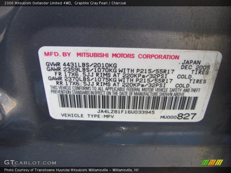 Graphite Gray Pearl / Charcoal 2006 Mitsubishi Outlander Limited 4WD