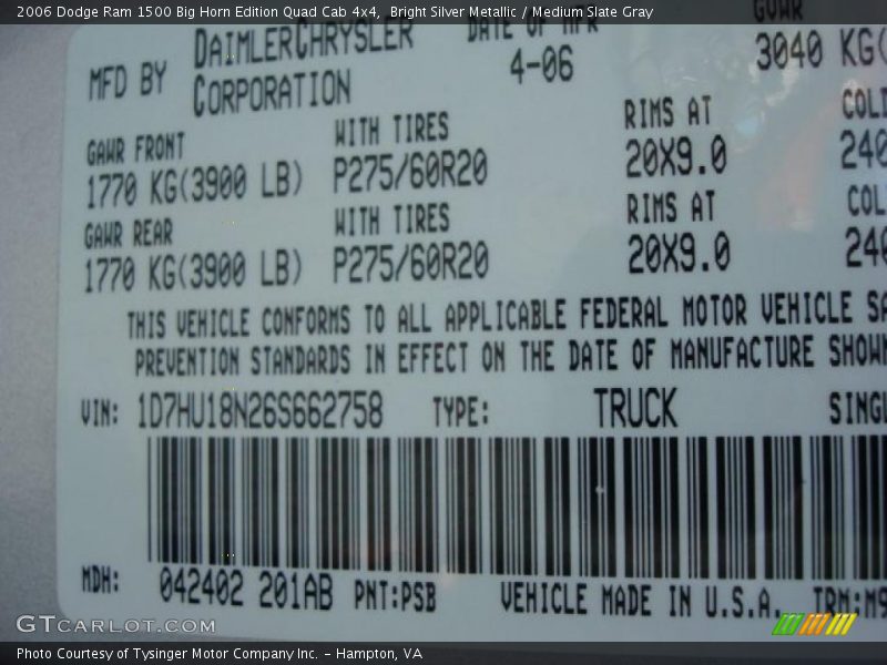Bright Silver Metallic / Medium Slate Gray 2006 Dodge Ram 1500 Big Horn Edition Quad Cab 4x4