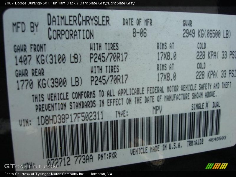Brilliant Black / Dark Slate Gray/Light Slate Gray 2007 Dodge Durango SXT