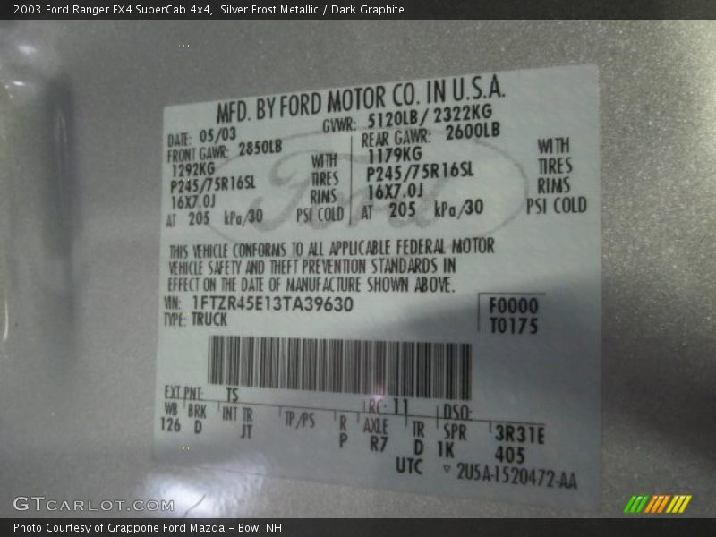 Silver Frost Metallic / Dark Graphite 2003 Ford Ranger FX4 SuperCab 4x4