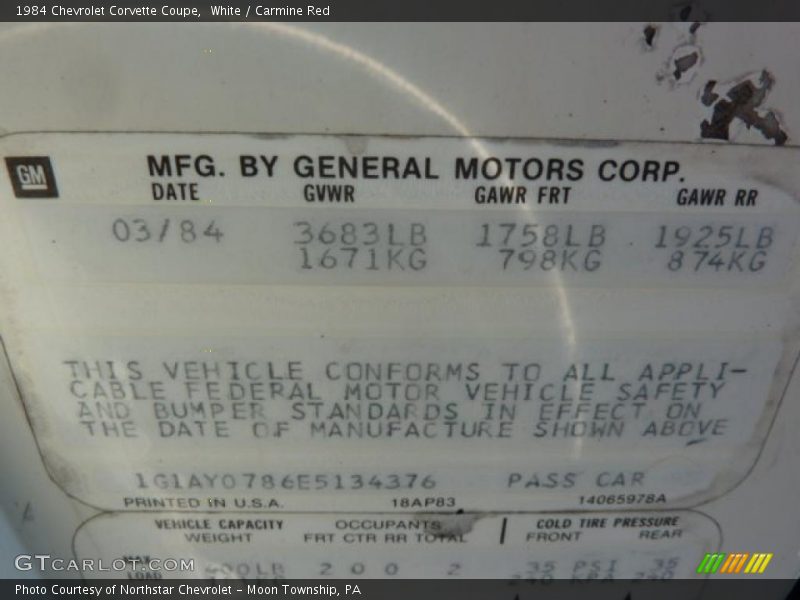 Info Tag of 1984 Corvette Coupe