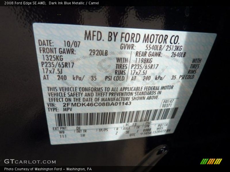 Dark Ink Blue Metallic / Camel 2008 Ford Edge SE AWD