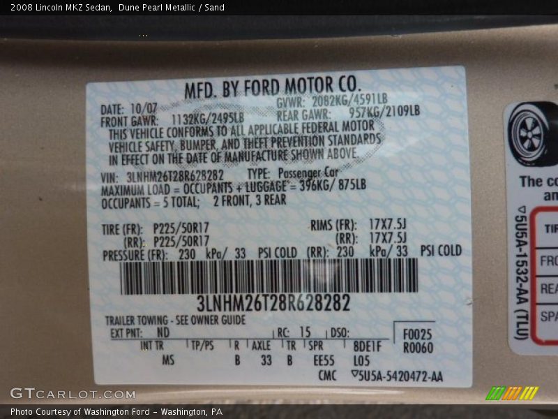 Dune Pearl Metallic / Sand 2008 Lincoln MKZ Sedan