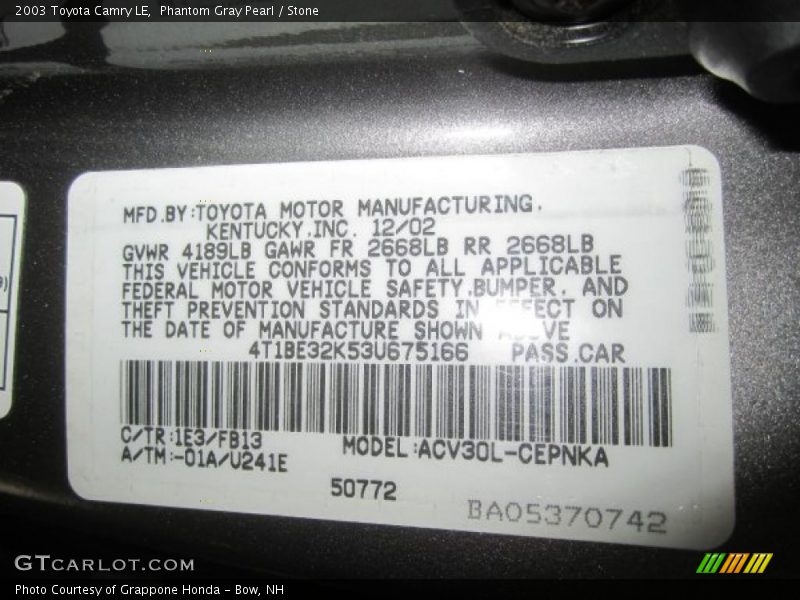 Phantom Gray Pearl / Stone 2003 Toyota Camry LE