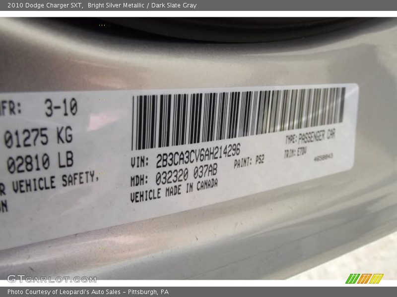Bright Silver Metallic / Dark Slate Gray 2010 Dodge Charger SXT