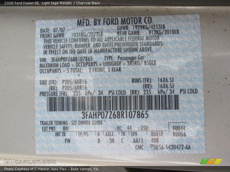Light Sage Metallic / Charcoal Black 2008 Ford Fusion SE