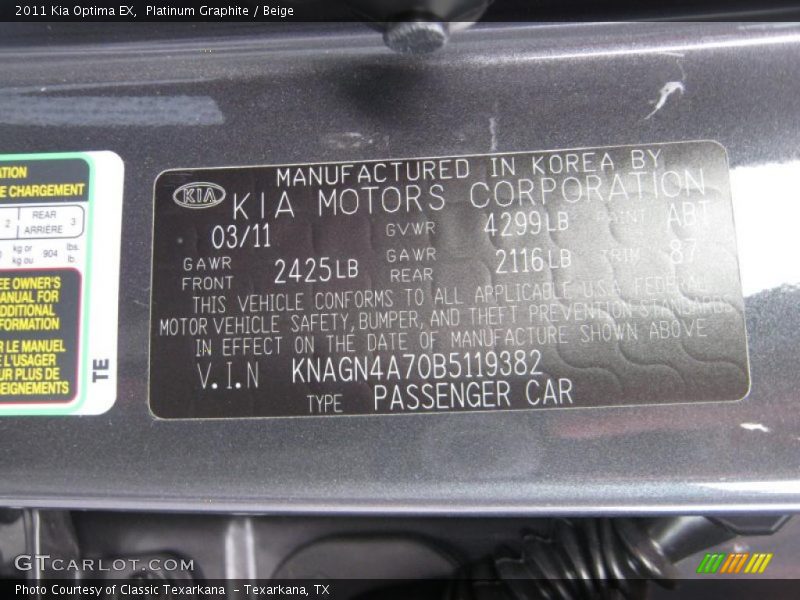 Platinum Graphite / Beige 2011 Kia Optima EX