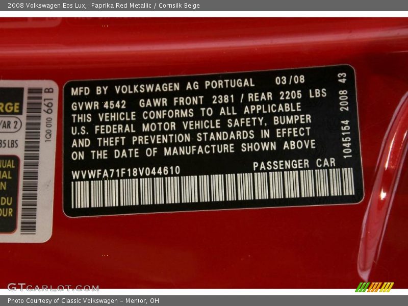 Paprika Red Metallic / Cornsilk Beige 2008 Volkswagen Eos Lux