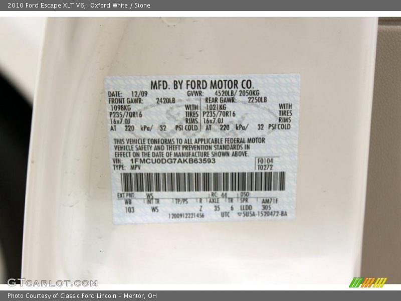 Oxford White / Stone 2010 Ford Escape XLT V6