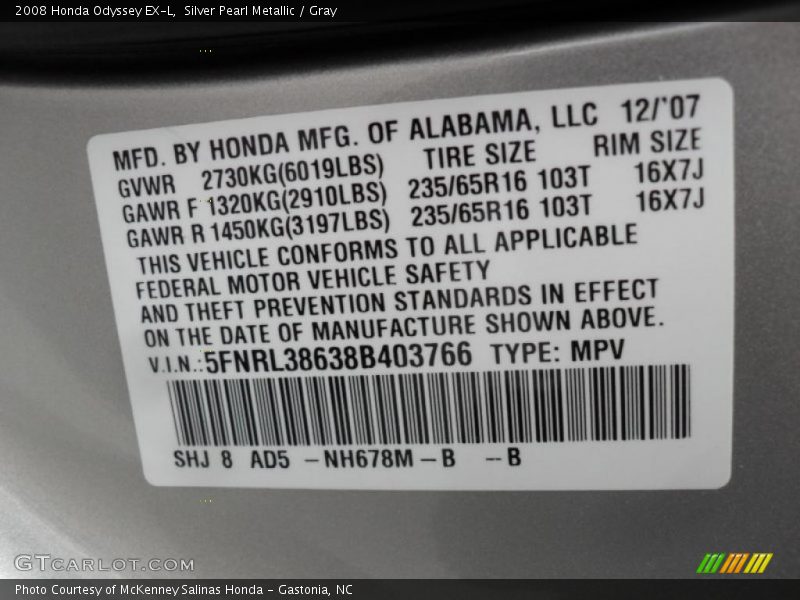 Silver Pearl Metallic / Gray 2008 Honda Odyssey EX-L
