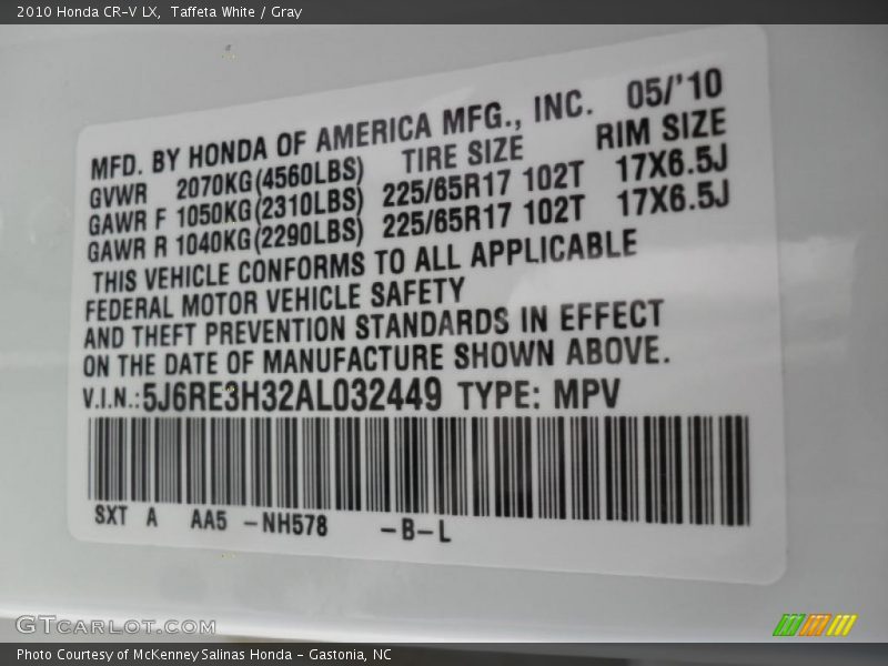 Taffeta White / Gray 2010 Honda CR-V LX