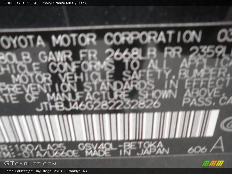 Smoky Granite Mica / Black 2008 Lexus ES 350