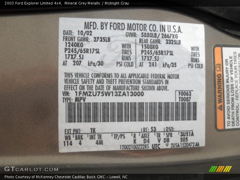 2003 Explorer Limited 4x4 Mineral Grey Metallic Color Code TK